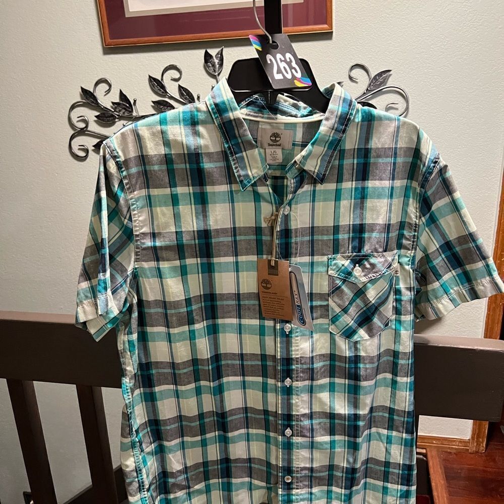NWT Timberland Men's Green Plaid Short Sleeve Shirt Large #263